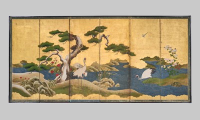 Lot 320 - A SUPERB KANO SCHOOL SIX-PANEL BYOBU (FOLDING SCREEN) DEPICTING CRANES AND PINE