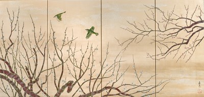 Lot 1327 - A FOUR-PANEL BYOBU (FOLDING SCREEN) DEPICTING BUSH WARBLERS FLITTING ABOUT BLOSSOMING PLUMS