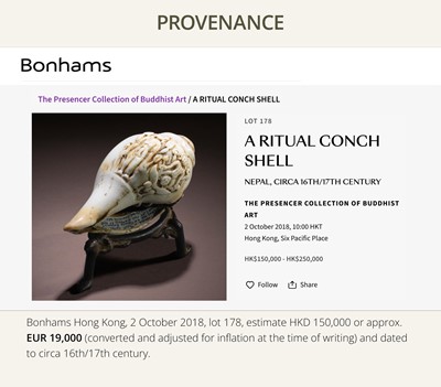 Lot 4 - A RITUAL CONCH SHELL DEPICTING VISHNU AND GARUDA, NEPAL, 11TH CENTURY