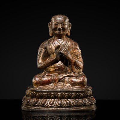 Lot 51 - A FINE LACQUER-GILT BRONZE FIGURE OF A LAMA, 18TH-19TH CENTURY