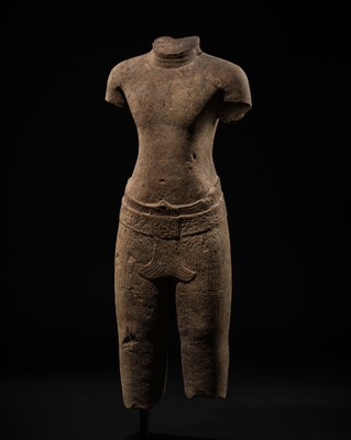 Lot 409 - A BUFF SANDSTONE MALE TORSO, ANGKOR PERIOD, BAYON STYLE, 12TH-13TH CENTURY