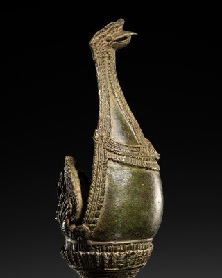 Lot 638 - A ‘HEVAJRA AND YOGINIS’ RITUAL BRONZE CONCH AND STAND, ANGKOR PERIOD