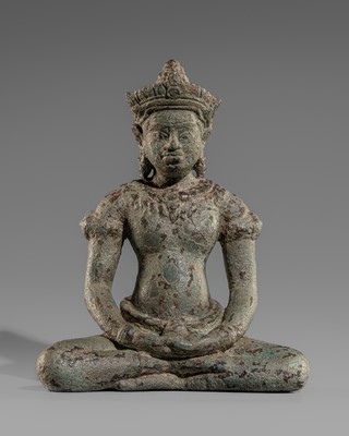 Lot 1485 - A BRONZE FIGURE OF A CROWNED BUDDHA, ANGKOR PERIOD, 12TH-13TH CENTURY