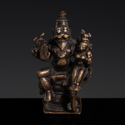 Lot 621 - A SILVER-INLAID COPPER ALLOY FIGURE OF NARASIMHA WITH HIS CONSORT LAKSHMI, INDIA, 17TH-18TH CENTURY OR EARLIER