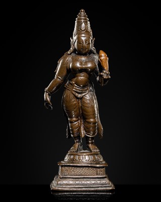 Lot 627 - A COPPER-INLAID BRONZE FIGURE OF SRI DEVI, SOUTH INDIA, 17TH-18TH CENTURY