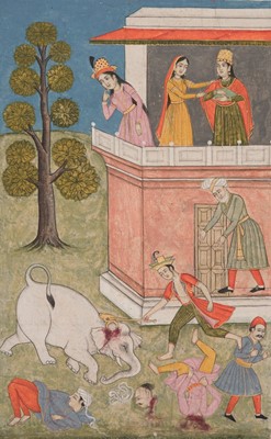Lot 357 - A MUGHAL MINIATURE PAINTING WITH A SCENE FROM THE SHAHNAMEH DEPICTING RUSTAM SLAYING THE WHITE ELEPHANT, 17TH-18TH CENTURY