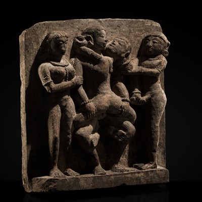 Lot 344 - A FINE GRAY SANDSTONE PANEL DEPICTING AMOROUS COUPLES, MITHUNA, CHANDELA PERIOD, 10TH-11TH CENTURY
