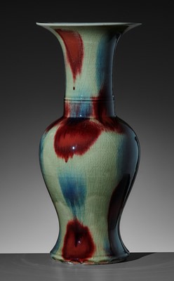Lot 295 - A COPPER-RED AND SACRIFICIAL-BLUE SPLASHED YEN YEN VASE, LATER QING TO REPUBLIC