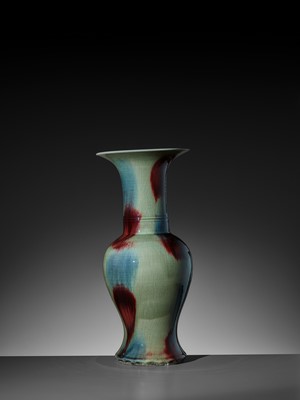 Lot 295 - A COPPER-RED AND SACRIFICIAL-BLUE SPLASHED YEN YEN VASE, LATER QING TO REPUBLIC