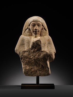 Lot 12 - A RARE EGYPTIAN SANDSTONE FRAGMENT OF A STELOPHOROUS STATUE DEPICTING AN IRY-PAT, NEW KINGDOM, 19TH DYNASTY