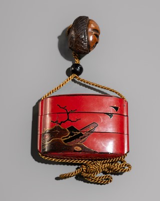 Lot 129 - A TWO-CASE RED LACQUER INRO WITH A BOAT AND PAGODA