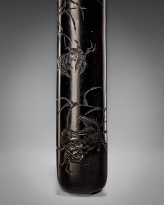 Lot 233 - GYOKUHEKI DOJIN: A BLACK WOOD KISERUZUTSU (PIPE CASE) WITH CRABS AMONG GRASSES
