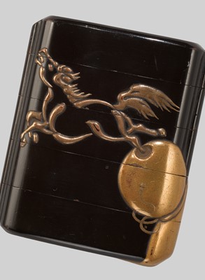 Lot 23 - A SMALL FOUR-CASE LACQUER INRO DEPICTING CHOKARO SENNIN