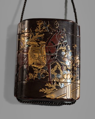 Lot 137 - AN INLAID FOUR-CASE LACQUER INRO WITH A SADDLED HORSE