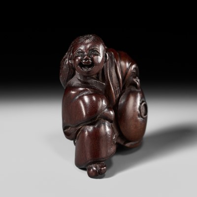 Lot 225 - A FINE WOOD NETSUKE OF A DRUNKEN SHOJO