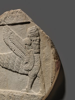 Lot 64 - AN EXTREMELY RARE AND IMPORTANT SANDSTONE RELIEF FRAGMENT DEPICTING A SCORPION-MAN, GIRTABLULLÛ, NEO-BABYLONIAN, 8TH-6TH CENTURY BC