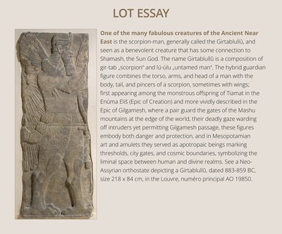 Lot 64 - AN EXTREMELY RARE AND IMPORTANT SANDSTONE RELIEF FRAGMENT DEPICTING A SCORPION-MAN, GIRTABLULLÛ, NEO-BABYLONIAN, 8TH-6TH CENTURY BC
