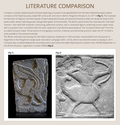 Lot 64 - AN EXTREMELY RARE AND IMPORTANT SANDSTONE RELIEF FRAGMENT DEPICTING A SCORPION-MAN, GIRTABLULLÛ, NEO-BABYLONIAN, 8TH-6TH CENTURY BC