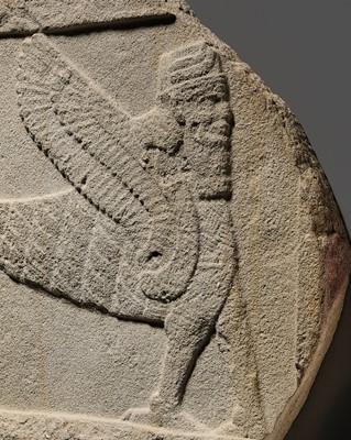 Lot 64 - AN EXTREMELY RARE AND IMPORTANT SANDSTONE RELIEF FRAGMENT DEPICTING A SCORPION-MAN, GIRTABLULLÛ, NEO-BABYLONIAN, 8TH-6TH CENTURY BC
