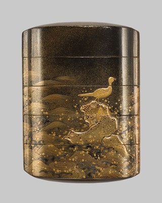 Lot 140 - A FINE FOUR-CASE LACQUER INRO WITH WATER BIRDS