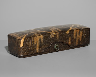 Lot 93 - A GOLD AND BLACK LACQUER FUBAKO (DOCUMENT BOX) WITH BUNDLES OF POEM SLIPS