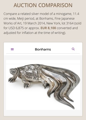 Lot 25 - KANEMITSU: A RARE AND SUPERB ‘MINOGAME AND SAKE’ BRONZE AND SILVER VASE