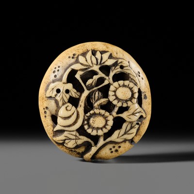 Lot 342 - A FINE ANTLER RYUSA MANJU NETSUKE OF FLOWERS AND A SNAIL ON A MUSHROOM