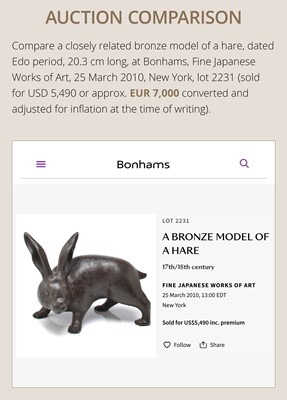 Lot 7 - KAKUUNSAI: A RARE AND CHARMING BRONZE OKIMONO OF A HARE