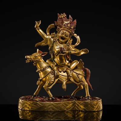 Lot 47 - A FINELY INLAID GILT BRONZE FIGURE OF SRI DEVI, PALDEN LHAMO, THE PROTECTOR OF TANTRIC BUDDHISM