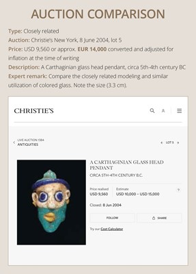 Lot 60 - A CARTHAGINIAN GLASS HEAD PENDANT, CIRCA 5TH-4TH CENTURY BC