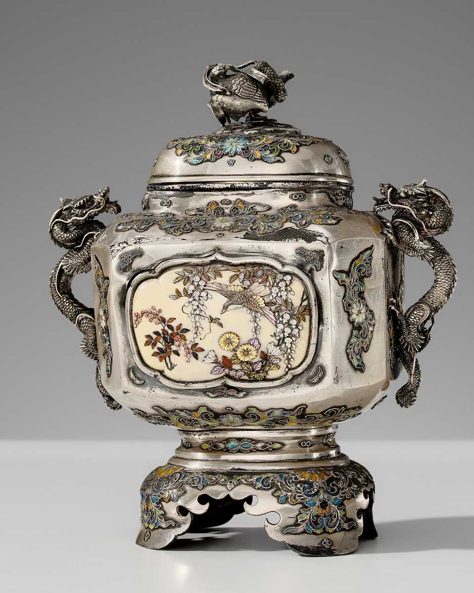 Lot 23 - AKIHIDE: A FINE SILVER, CLOISONNÉ ENAMEL AND SHIBAYAMA KORO (INCENSE BURNER) AND COVER