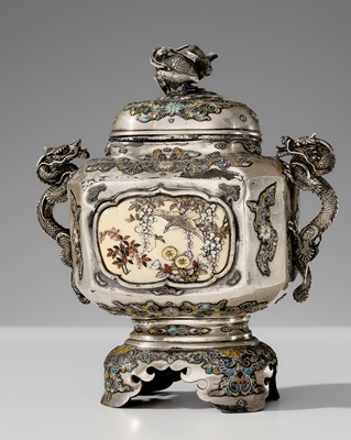 Lot 23 - AKIHIDE: A FINE SILVER, CLOISONNÉ ENAMEL AND SHIBAYAMA KORO (INCENSE BURNER) AND COVER