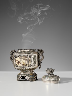 Lot 23 - AKIHIDE: A FINE SILVER, CLOISONNÉ ENAMEL AND SHIBAYAMA KORO (INCENSE BURNER) AND COVER