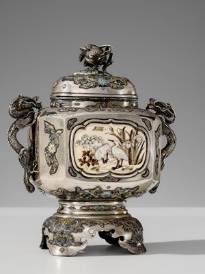 Lot 23 - AKIHIDE: A FINE SILVER, CLOISONNÉ ENAMEL AND SHIBAYAMA KORO (INCENSE BURNER) AND COVER
