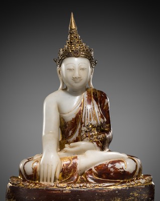 Lot 483 - A RARE GILT AND PAINTED WHITE MARBLE FIGURE OF THE CROWNED BUDDHA, MANDALAY, 18TH-19TH CENTURY
