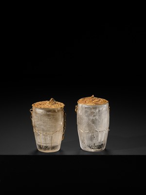 Lot 56 - A PAIR OF FINE ROCK CRYSTAL CUPS WITH FINE GOLD REPOUSSÉ COVERS, LIAO DYNASTY