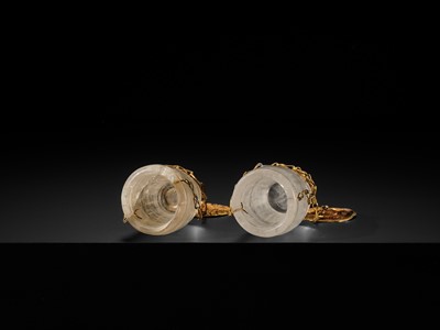 Lot 56 - A PAIR OF FINE ROCK CRYSTAL CUPS WITH FINE GOLD REPOUSSÉ COVERS, LIAO DYNASTY