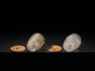 Lot 56 - A PAIR OF FINE ROCK CRYSTAL CUPS WITH FINE GOLD REPOUSSÉ COVERS, LIAO DYNASTY