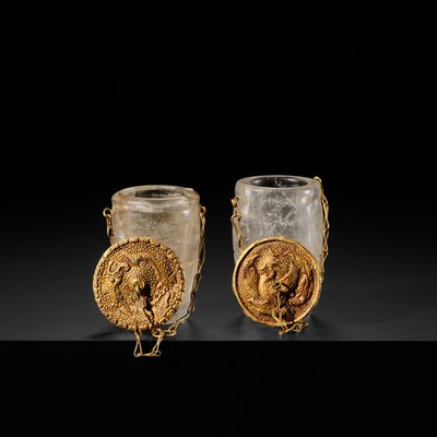 Lot 56 - A PAIR OF FINE ROCK CRYSTAL CUPS WITH FINE GOLD REPOUSSÉ COVERS, LIAO DYNASTY