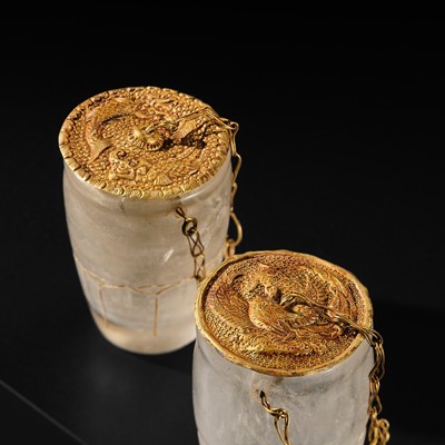 Lot 56 - A PAIR OF FINE ROCK CRYSTAL CUPS WITH FINE GOLD REPOUSSÉ COVERS, LIAO DYNASTY
