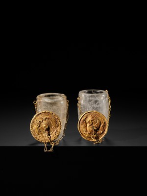 Lot 56 - A PAIR OF FINE ROCK CRYSTAL CUPS WITH FINE GOLD REPOUSSÉ COVERS, LIAO DYNASTY