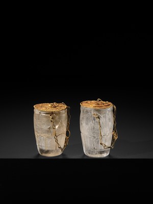 Lot 56 - A PAIR OF FINE ROCK CRYSTAL CUPS WITH FINE GOLD REPOUSSÉ COVERS, LIAO DYNASTY