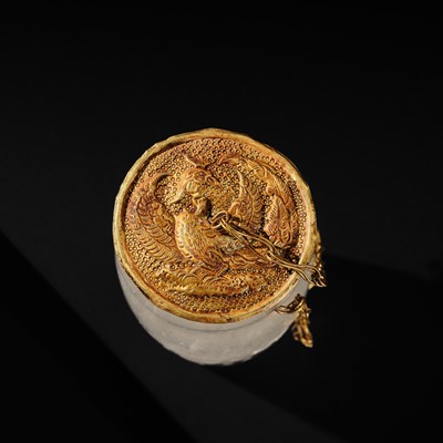 Lot 56 - A PAIR OF FINE ROCK CRYSTAL CUPS WITH FINE GOLD REPOUSSÉ COVERS, LIAO DYNASTY