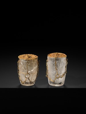 Lot 56 - A PAIR OF FINE ROCK CRYSTAL CUPS WITH FINE GOLD REPOUSSÉ COVERS, LIAO DYNASTY