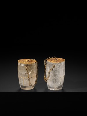 Lot 56 - A PAIR OF FINE ROCK CRYSTAL CUPS WITH FINE GOLD REPOUSSÉ COVERS, LIAO DYNASTY