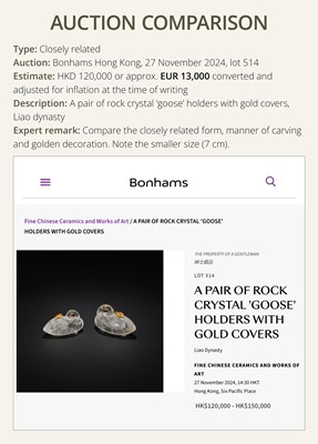 Lot 53 - A PAIR OF GILT AND INCISED ROCK CRYSTAL ‘GEESE’ VESSELS, LIAO DYNASTY
