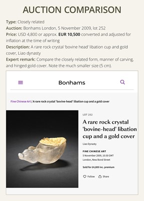 Lot 52 - AN EXTREMELY RARE ROCK CRYSTAL ‘BOVINE HEAD’ RHYTON WITH GOLD COVER, LIAO DYNASTY