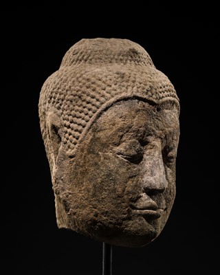 Lot 1493 - A SANDSTONE HEAD OF BUDDHA, AYUTTHAYA PERIOD, 15TH-16TH CENTURY
