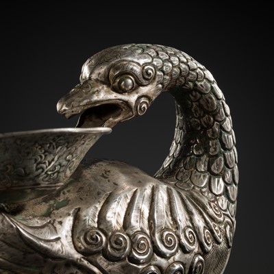 Lot 99 - A RARE AND FINE SILVER REPOUSSÉ GOOSE-FORM VESSEL, SONG DYNASTY OR EARLIER