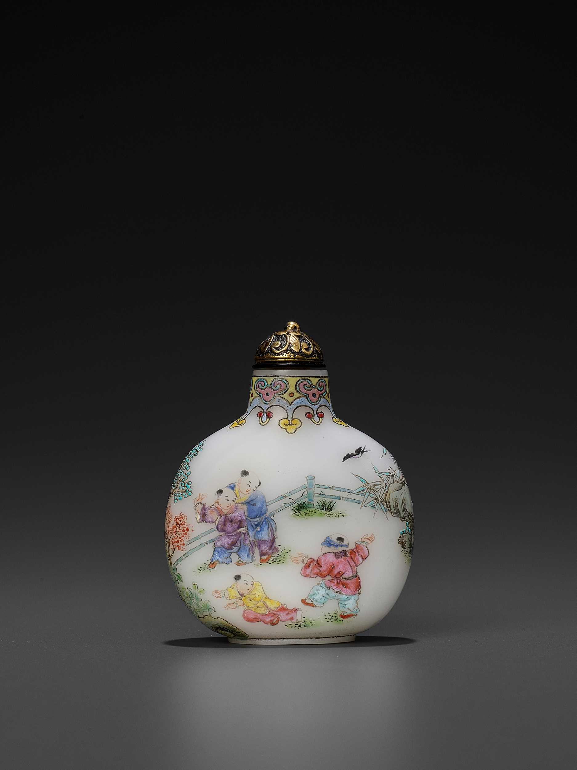 Lot 390 - AN IMPERIAL ENAMELED WHITE GLASS ‘BOYS’ SNUFF BOTTLE, QIANLONG MARK AND PERIOD